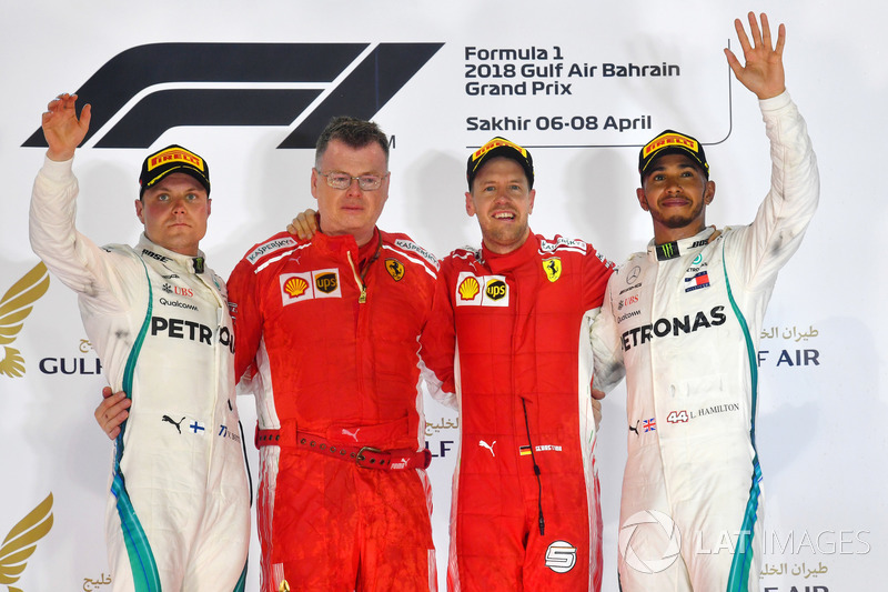 2. GP Bahrain - Podium: Sebastian Vettel, Valtteri Bottas, Lewis Hamilton