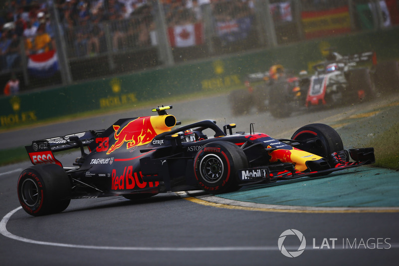 Max Verstappen, Red Bull Racing RB14 Tag Heuer, spins in the path of Romain Grosjean, Haas F1 Team V