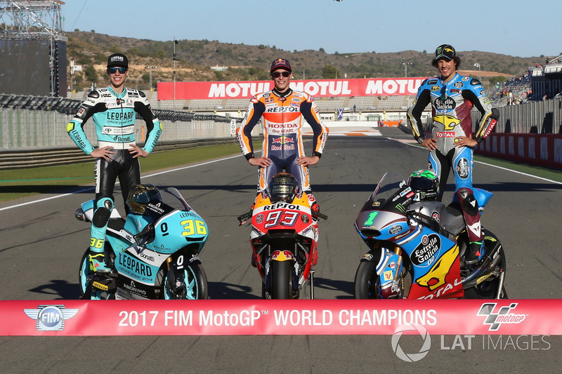 Le Champion Moto3 Joan Mir, Leopard Racing, le Champion MotoGP Marc Marquez, Repsol Honda Team, le Champion Moto2, Franco Morbidelli, Marc VDS