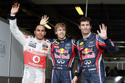 Le poleman Sebastian Vettel, Red Bull Racing, le second Lewis Hamilton, McLaren MP4-26 Mercedes et le troisième Mark Webber, Red Bull Racing