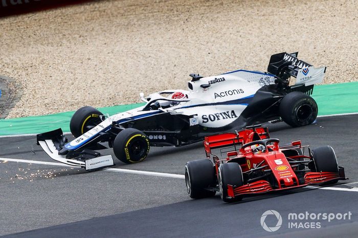 Sebastian Vettel, Ferrari SF1000, Kimi Raikkonen, Alfa Romeo Racing C39 y George Russell, Williams FW43 accidente