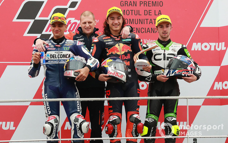 Podium: race winner Can Oncu, Red Bull KTM Ajo, second place Jorge Martin, Del Conca Gresini Racing, third place John McPhee, CIP Green Power, Aki Ajo, Ajo Motorsport Team Principal