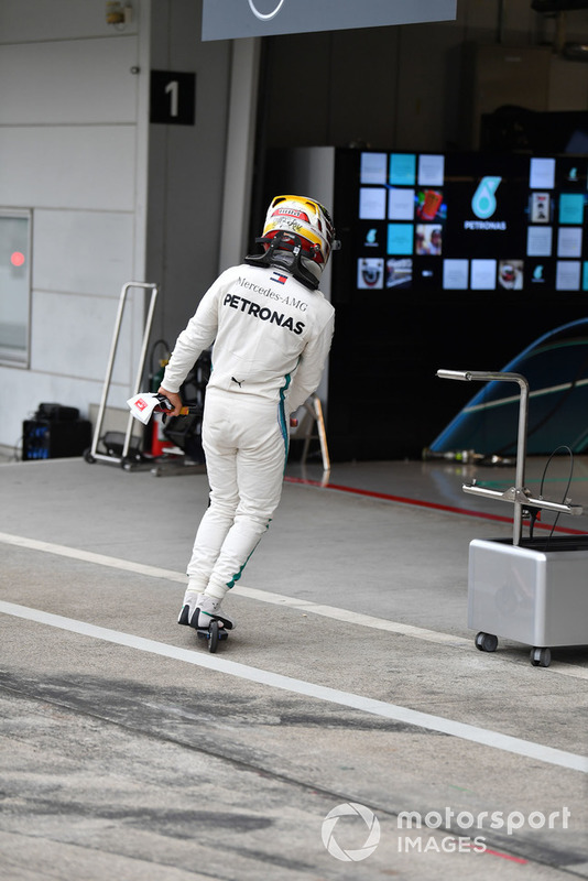 Lewis Hamilton, Mercedes AMG F1 on a scooter