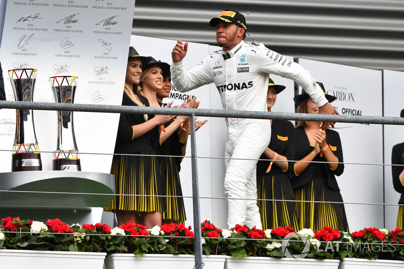 Race winner Lewis Hamilton, Mercedes AMG F1, celebrates on the podium