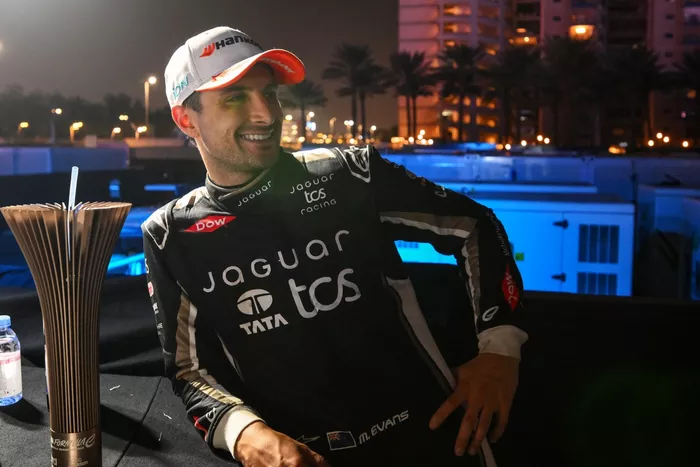 Third placed Mitch Evans, Jaguar TCS Racing, celebrates on the podium