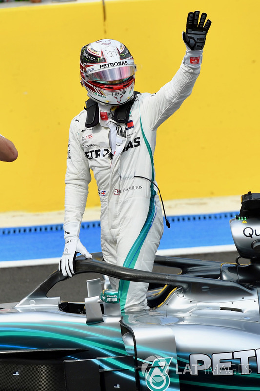 Pole sitter Lewis Hamilton, Mercedes-AMG F1 W09 celebrates in parc ferme