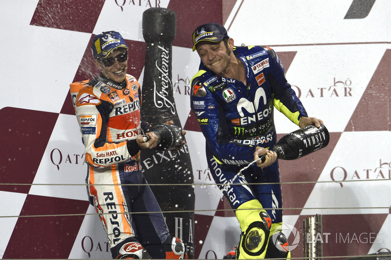 Second place Marc Marquez, Repsol Honda Team, third place Valentino Rossi, Yamaha Factory Racing