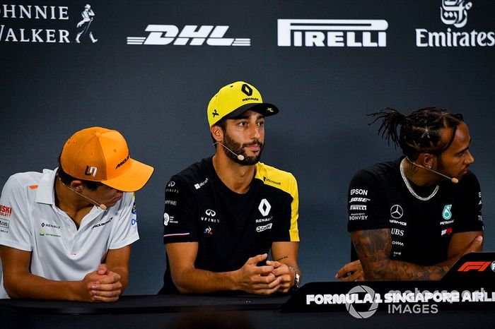 Lando Norris, McLaren, Daniel Ricciardo, Renault F1 Team and Lewis Hamilton, Mercedes AMG F1 in the Press Conference 