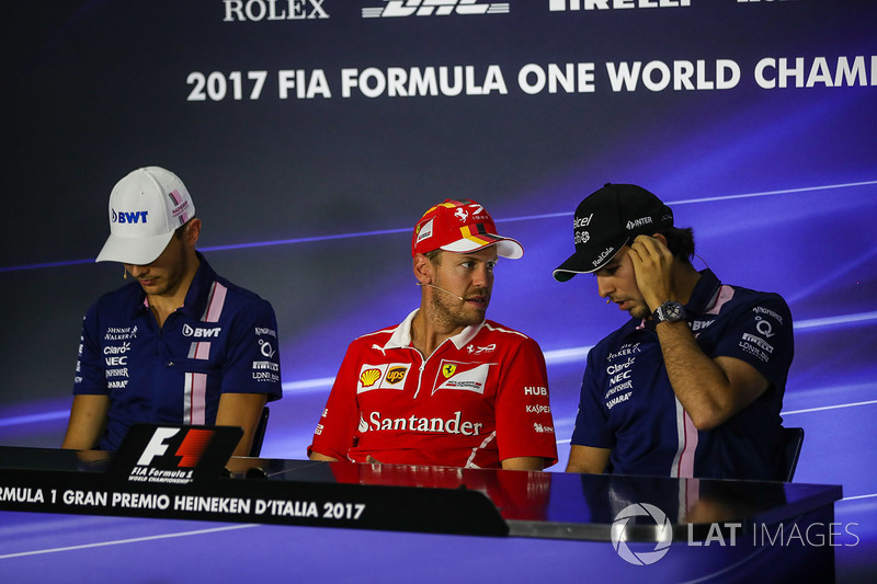 Esteban Ocon, Sahara Force India, Sebastian Vettel, Ferrari and Sergio Perez, Sahara Force India in the Press Conference