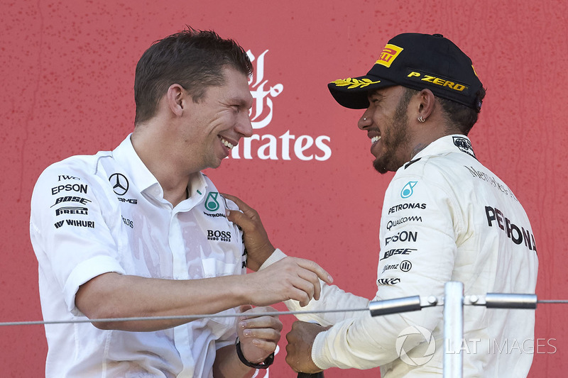 James Vowles, Chief Strategist, Mercedes AMG F1, Race winner Lewis Hamilton, Mercedes AMG F1, on the podium