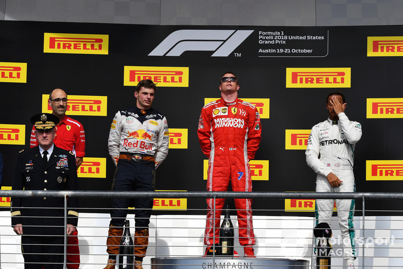 Podio: segundo lugar Max Verstappen, Red Bull Racing, ganador de la carrera Kimi Raikkonen, Ferrari y tercer lugar Lewis Hamilton, Mercedes AMG F1