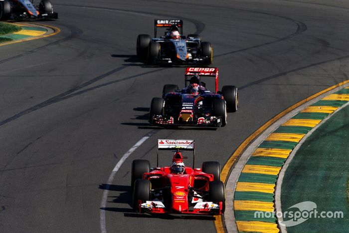 Kimi Raikkonen, Ferrari SF15-T, leads Max Verstappen, Toro Rosso STR10 Renault, Nico Hulkenberg, Force India VJM08 Mercedes