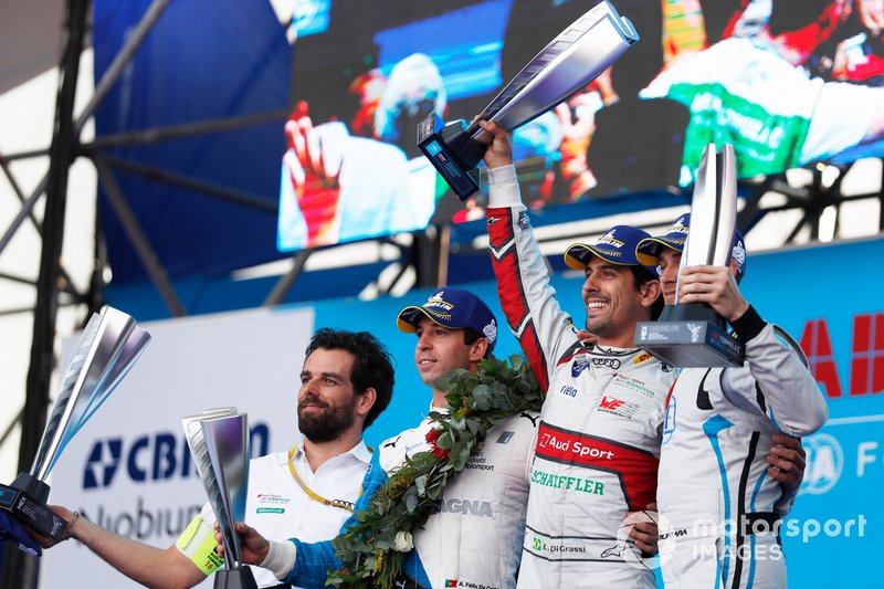Antonio Felix da Costa, BMW I Andretti Motorsports, Lucas Di Grassi, Audi Sport ABT Schaeffler, and Edoardo Mortara, Venturi Formula E, celebrate on the podium.