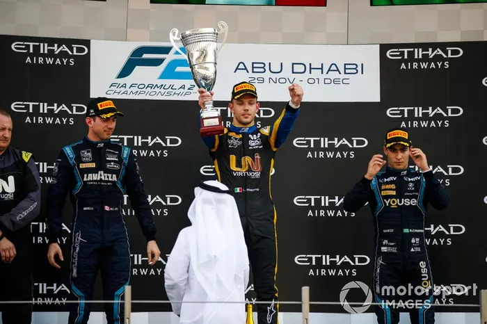 Luca Ghiotto, UNI Virtuosi Racing, celebrates victory on the podium with Nicholas Latifi, Dams and Sergio Sette Camara, Dams 