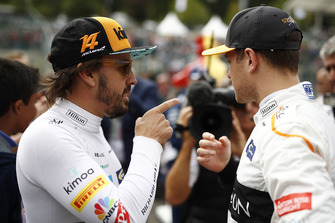 Fernando Alonso, McLaren, and Stoffel Vandoorne, McLaren, on the grid