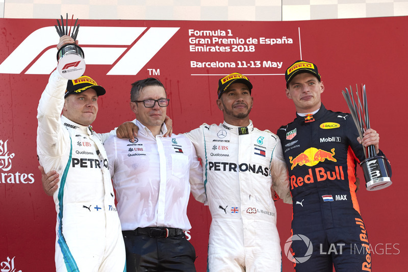 Valtteri Bottas, Mercedes AMG F1, 2nd position, Peter Bonnington, Race Engineer, Mercedes AMG, Lewis Hamilton, Mercedes AMG F1, 1st position, Max Verstappen, Red Bull Racing, 3rd position, on the podium