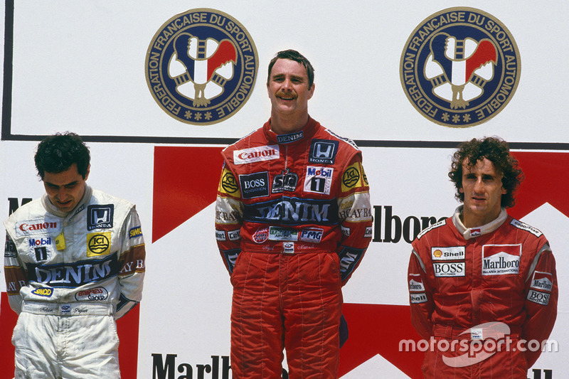 Podium: winner Nigel Mansell, Williams Honda, second place Nelson Piquet, Williams Honda, third place Alain Prost, McLaren TAG Porsche