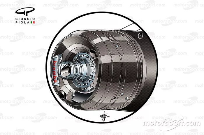 El conducto de freno delantero y el eje soplado del Ferrari F14 T
