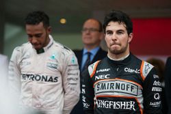 Sergio Perez, Sahara Force India F1, celebra su tercera posición.