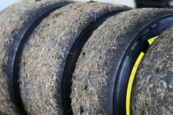 Neumáticos Pirelli desgastados cubiertos de hierba