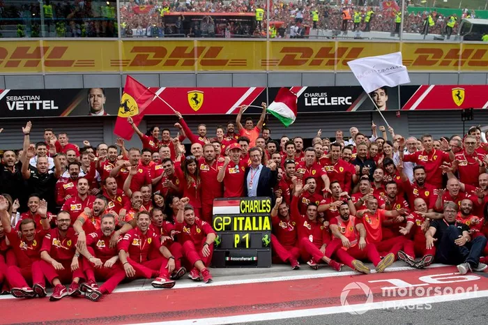 Race winner Charles Leclerc, Ferrari poses for a photograph with his Ferrari team and Louis C. Camilleri CEO of Ferrari.