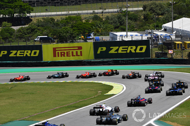 Sebastian Vettel, Ferrari SF70H leads at the start of the race