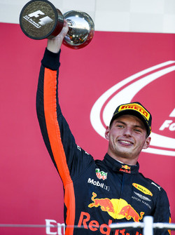 Max Verstappen, Red Bull, second place, lifts his trophy