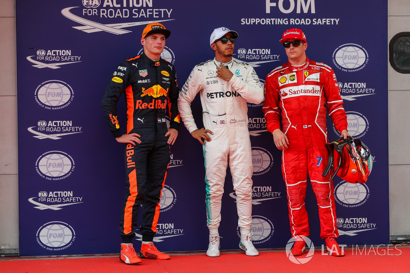 Pole sitter Lewis Hamilton, Mercedes AMG F1 in parc ferme alongside Max Verstappen, Red Bull Racing and Kimi Raikkonen, Ferrari