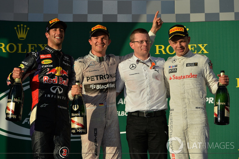 2014: 1. Nico Rosberg, 2. Kevin Magnussen, 3. Jenson Button *