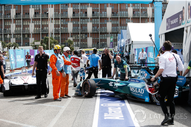 Antonio Felix da Costa, Andretti Formula E Team, crashes into Jose Maria Lopez, Dragon Racing, in the pit lane