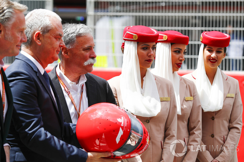 Sean Bratches, Managing Director of Commercial Operations, Formula One Group, Thierry Antinori, Executive Vice President and Chief Commercial Officer, Emirates Airlines, and Chase Carey, Chairman, Formula One