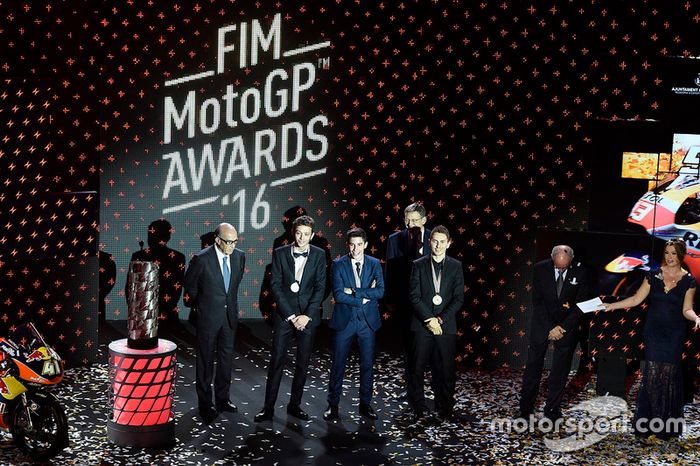Carmelo Ezpeleta, CEO Dorna Sports, Valentino Rossi, Yamaha Factory Racing, Marc Marquez, Repsol Honda Team, Jorge Lorenzo, Yamaha Factory Racing