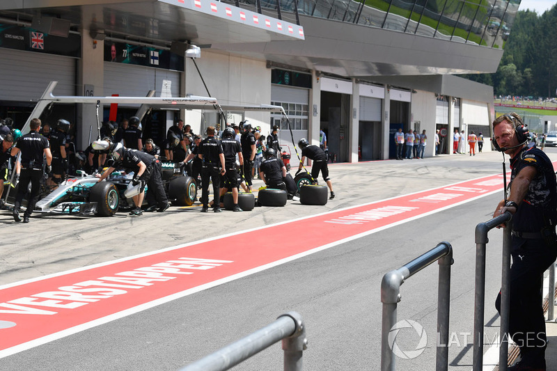Christian Horner, jefe de equipo de Red Bull Racing observa a Lewis Hamilton, Mercedes AMG F1 W08