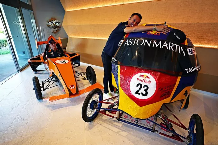 Max Verstappen, Red Bull Racing, Alex Albon, Red Bull Racing pose with their Red Bull Soapbox racers
