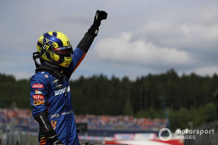 Tercer lugar Lando Norris, McLaren celebra en Parc Ferme
