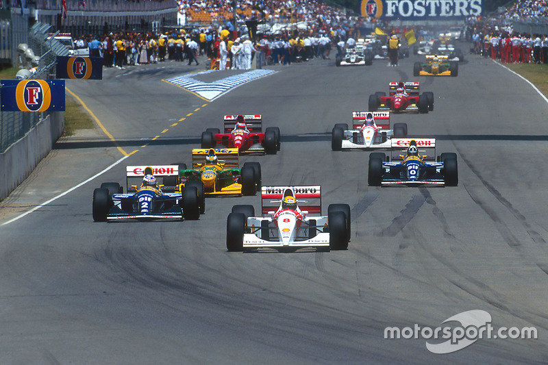 Ayrton Senna, McLaren leads Alain Prost, Williams; Michael Schumacher, Benetton; Damon Hill, Williams; Gerhard Berger, Ferrari; Mika Hakkinen McLaren and Jean Alesi, Ferrari