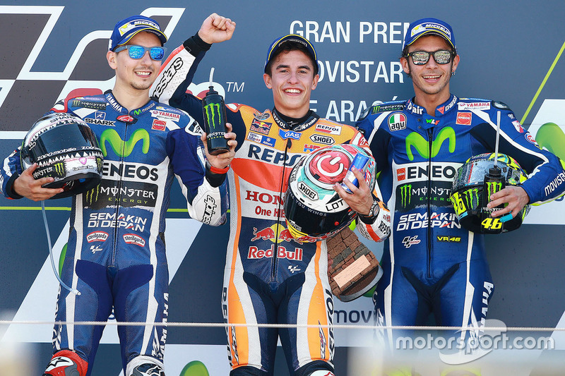 2016: 1. Marc Marquez, 2. Jorge Lorenzo, 3. Valentino Rossi