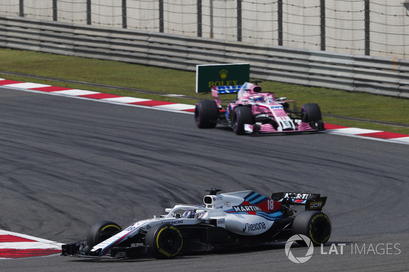 Lance Stroll, Williams FW41 Mercedes, Sergio Perez, Force India VJM11 Mercedes