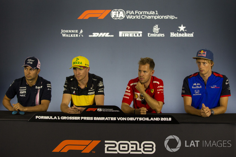 Sergio Perez, Force India, Nico Hulkenberg, Renault Sport F1 Team, Sebastian Vettel, Ferrari y Pierre Gasly, Scuderia Toro Rosso en rueda de prensa