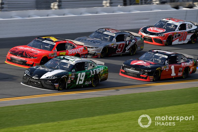 Brandon Jones, Joe Gibbs Racing, Toyota Supra Juniper, Justin Allgaier, JR Motorsports, Chevrolet Camaro BRANDT Professional Agriculture, Michael Annett, JR Motorsports, Chevrolet Camaro Chevrolet Pilot Flying J / American Heart Association, and Christopher Bell, Joe Gibbs Racing, Toyota Supra Rheem