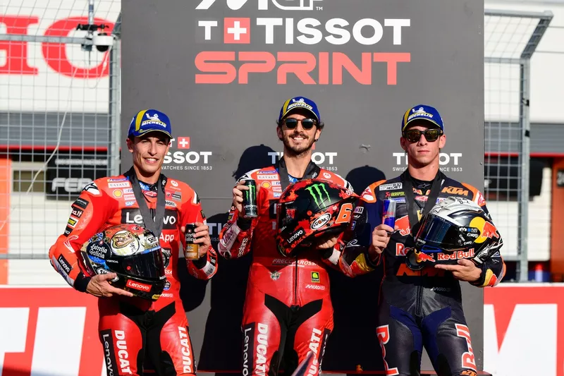 Pedro Acosta, Red Bull KTM Factory Racing, Francesco Bagnaia, Ducati Team, Marc Marquez, Ducati Team