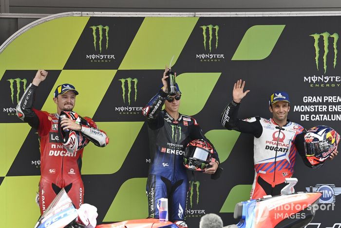 Ganador de la pole Fabio Quartararo, Yamaha Factory Racing, segundo Jack Miller, Ducati Team, tercero Johann Zarco, Pramac Racing 