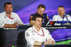Eric Boullier, Racing Director, McLaren, Toto Wolff, Executive Director (Business), Mercedes AMG, Christian Horner, Team Principal, Red Bull Racing, and Paddy Lowe, Williams Formula 1, in the Team Principals Press Conference