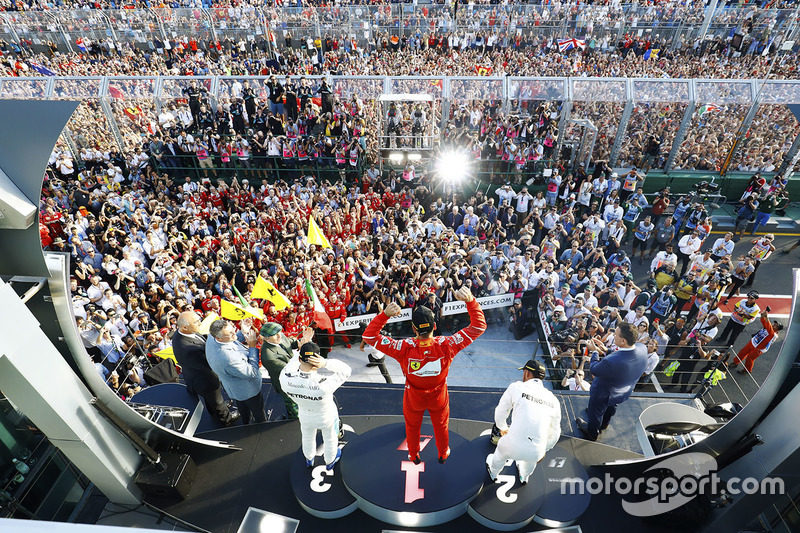 Podium: winner Sebastian Vettel, Ferrari, second place Lewis Hamilton, Mercedes AMG F1, third place Valtteri Bottas, Mercedes AMG F1