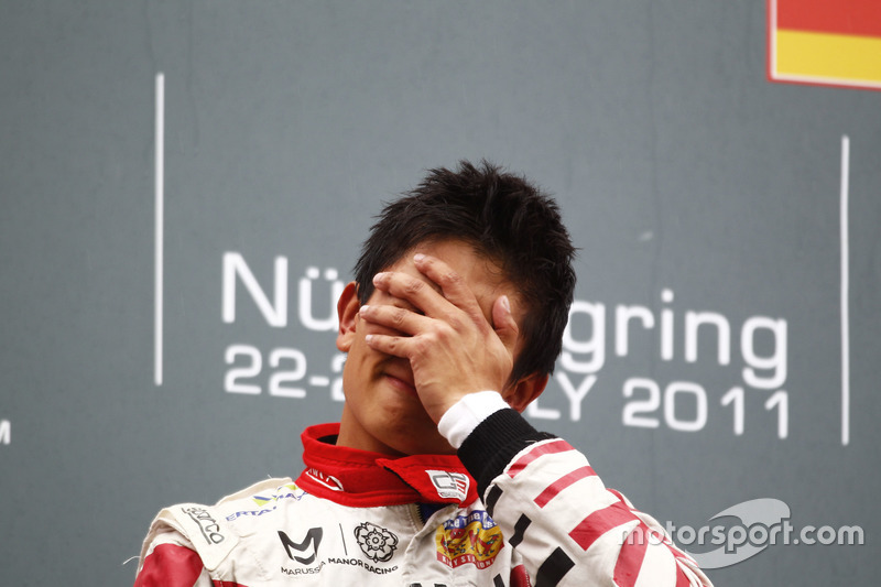 Rio Haryanto tak kuasa menahan air mata setelah memenangi Race 1 GP3 Jerman 2011, yang berjalan secara dramatis di tengah cuaca buruk.