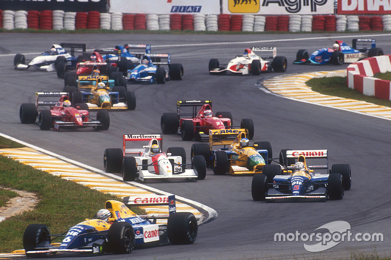 Start: Ricardo Patrese, Williams Renault, Nigel Mansell, Williams Renault, Ayrton Senna, McLaren Honda, Michael Schumacher, Benetton Ford