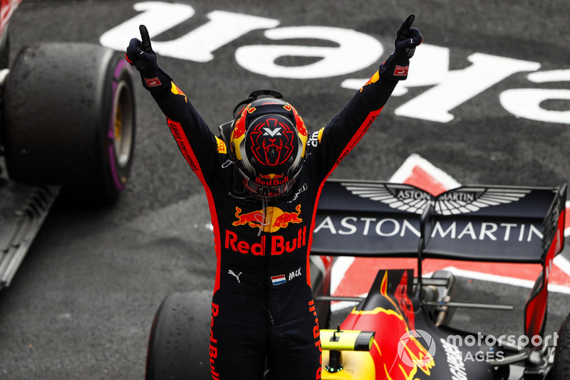 Max Verstappen, Red Bull Racing, 1st position, celebrates in Parc Ferme