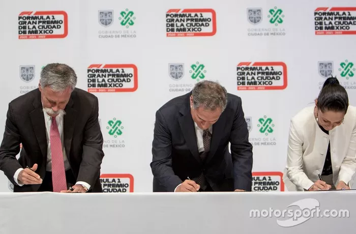 Chase Carey, Presidente de Fórmula Uno, Alejandro Soberón Presidente CIE y Claudia Sheinbaum Jefa de Gobierno de CDMX