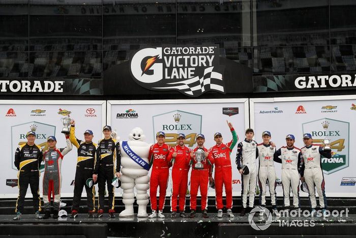 #38 Performance Tech Motorsports ORECA LMP2, LMP2: Kyle Masson, Kris Wright, Cameron Cassels, Robert Masson, #18 DragonSpeed ORECA LMP2, LMP2: Roberto Gonzalez, Pastor Maldonado, Sebastian Saavedra, Ryan Cullen, #81 DragonSpeed ORECA LMP2, LMP2: Henrik Hedman, Ben Hanley, Nicolas Lapierre, James Allen, podium