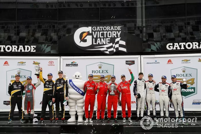 #38 Performance Tech Motorsports ORECA LMP2, LMP2: Kyle Masson, Kris Wright, Cameron Cassels, Robert Masson, #18 DragonSpeed ORECA LMP2, LMP2: Roberto Gonzalez, Pastor Maldonado, Sebastian Saavedra, Ryan Cullen, #81 DragonSpeed ORECA LMP2, LMP2: Henrik Hedman, Ben Hanley, Nicolas Lapierre, James Allen, podium